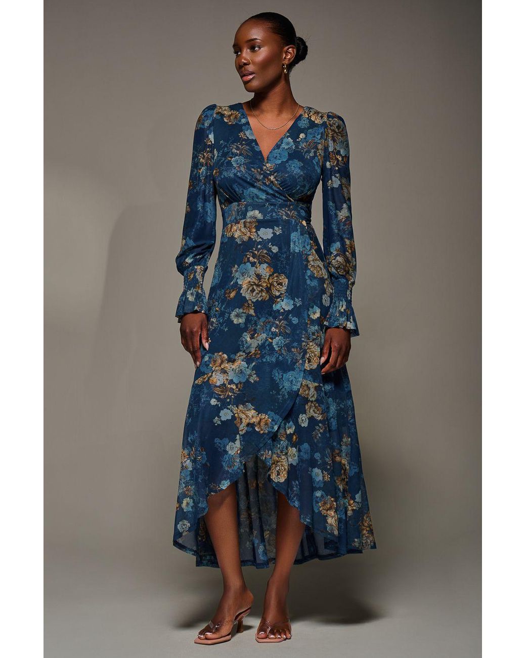Jolie Moi Blue Long Sleeve Frill Hem Mesh Maxi Dress