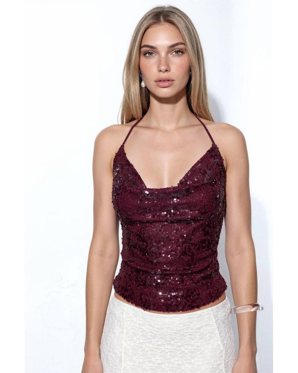Busem Purple Sequin Halterneck Crop Blouse