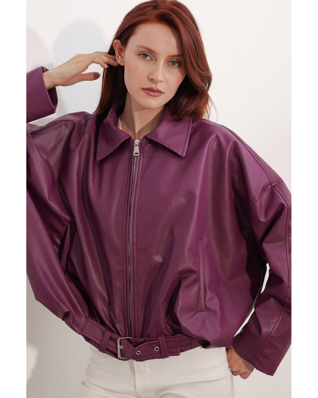 Bigdart Purple Oversized Faux Leather Belted Jacket