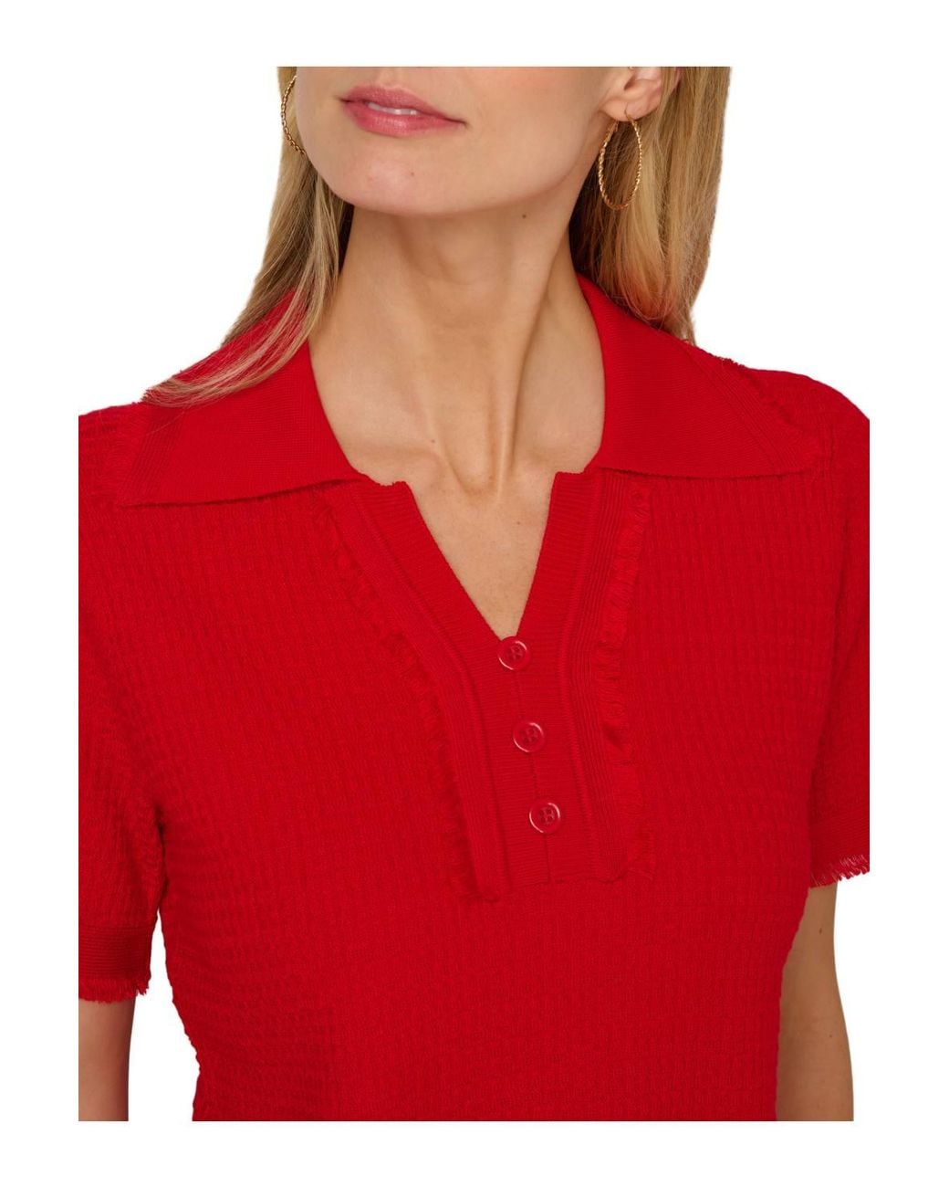 Adrianna Papell Red Short Sleeve Button Front Polo Fray Edge Sweater