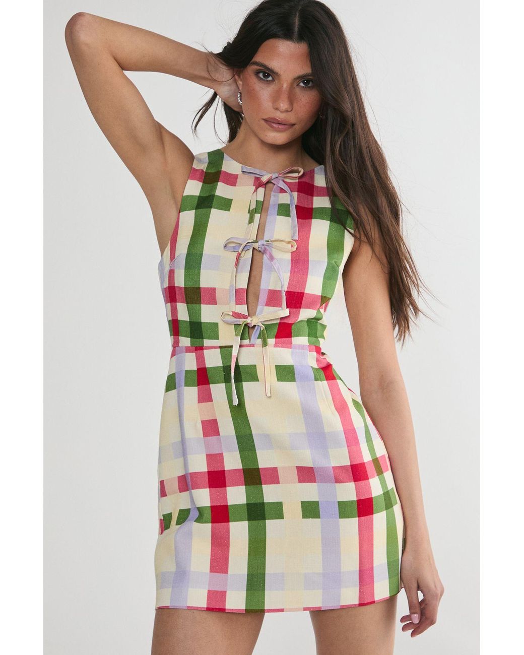 Nasty Gal Multicolor Linen Mix Gingham Tie Front Tailored Mini Dress