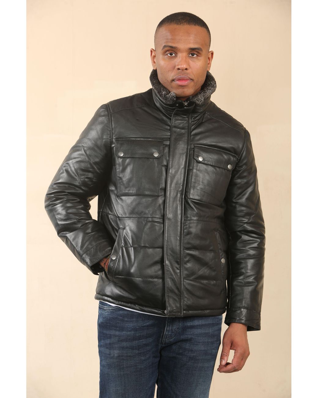 TruClothing Black Quilted Faux Fur Collar Leather Jacket for men