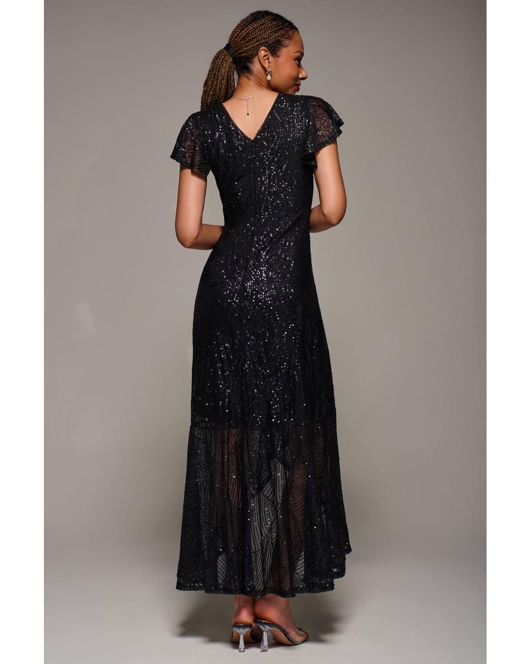 Jolie Moi Black Frill Short Sleeve Sequin Maxi Dress