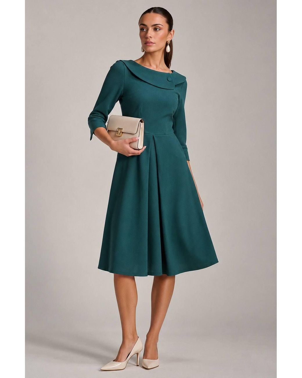 Jolie Moi Green Fold Collar Button Detail Dress