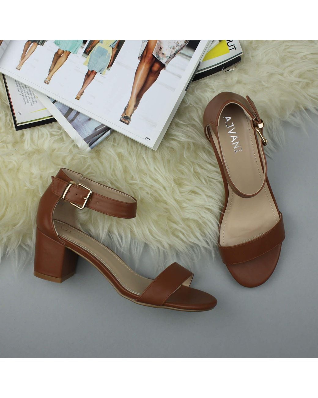 AJVANI Natural Mid Block Heel Ankle Strap Sandals