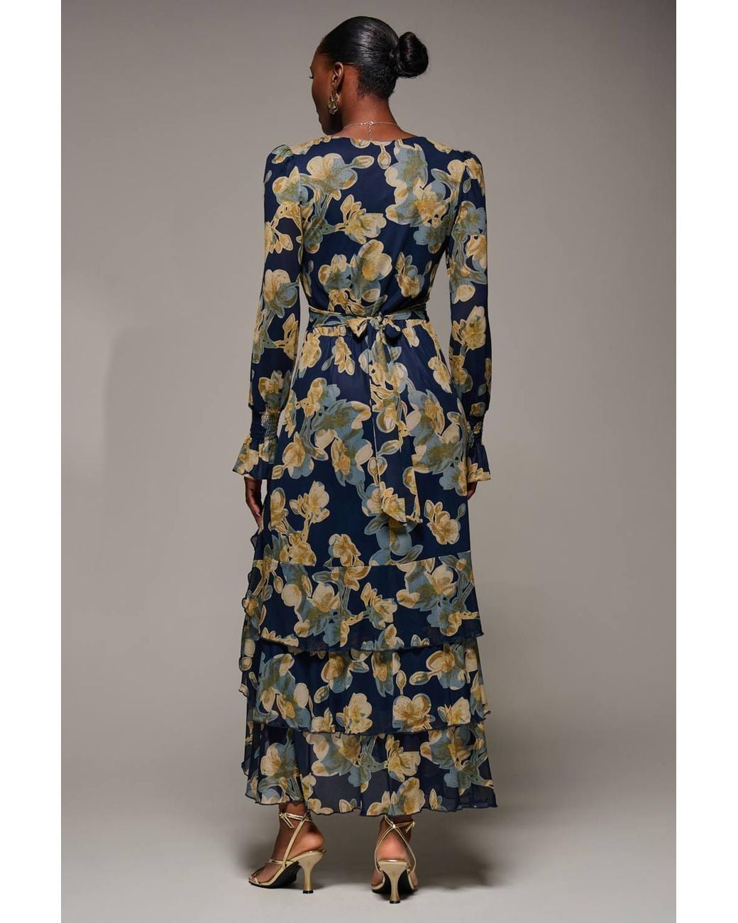 Jolie Moi Gray Long Sleeve Ruffle Hem Mesh Maxi Dress