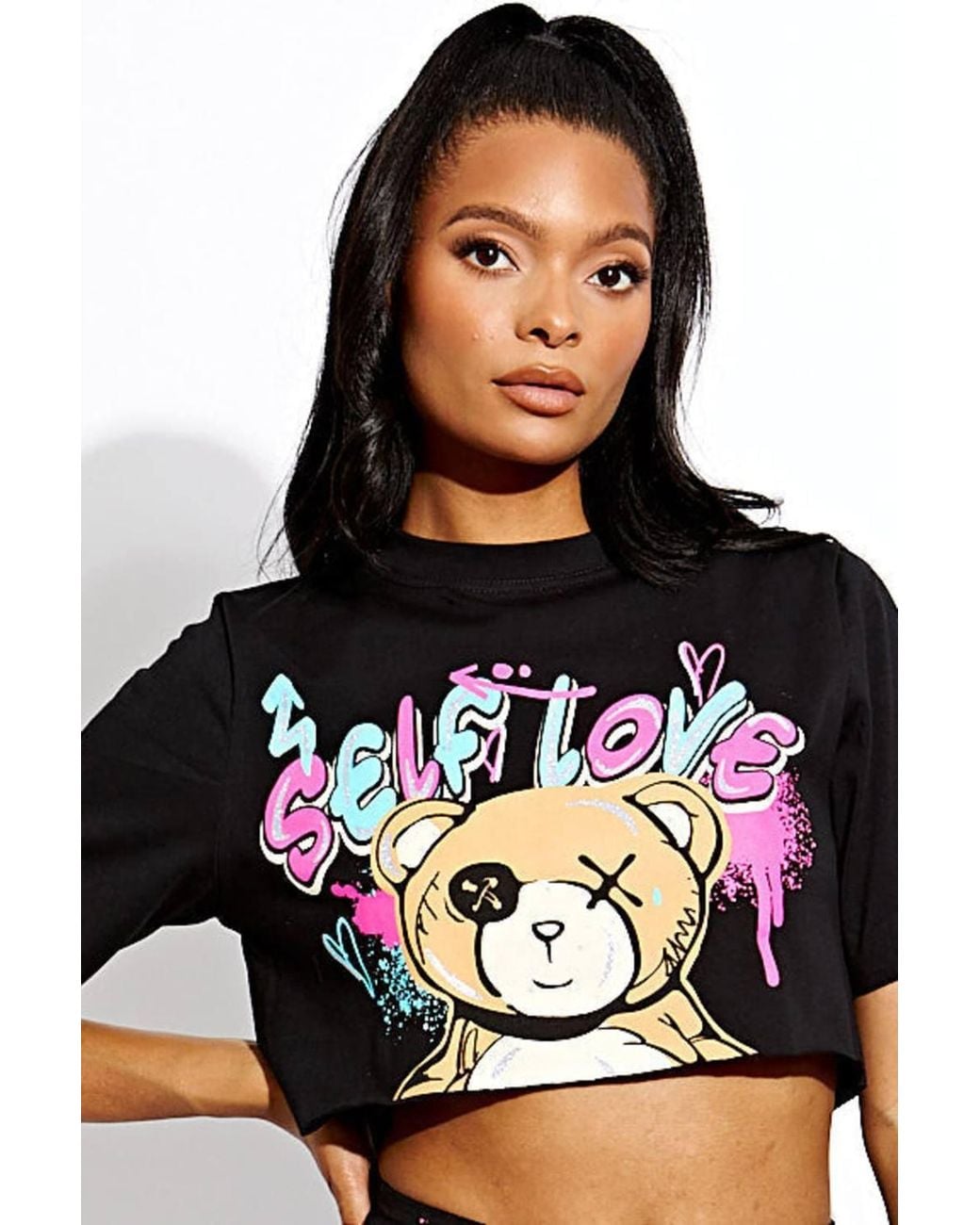 Stylewise Black Teddy Graphic Glitter Print