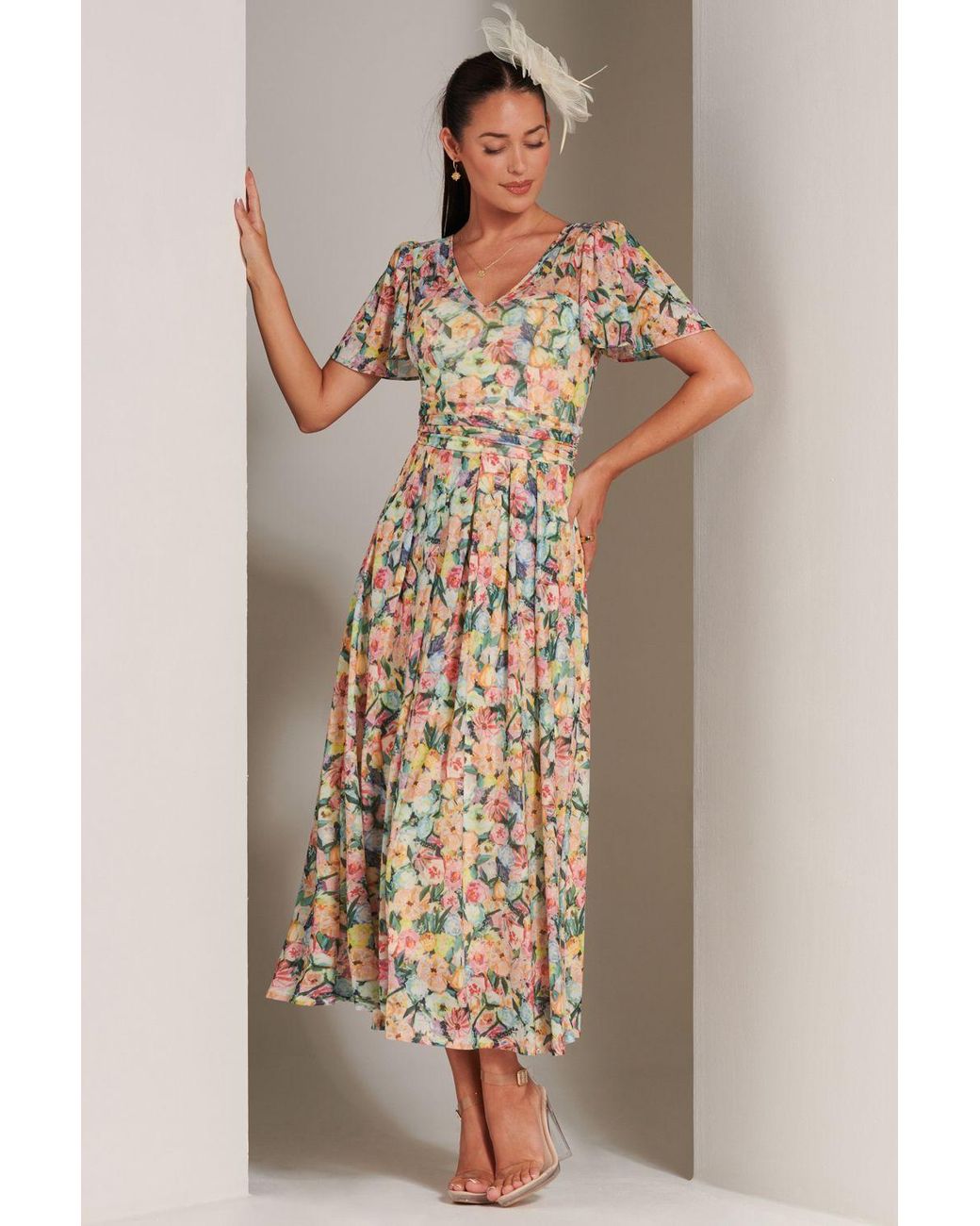 Jolie Moi Natural Bianca V-Neck Pleated Mesh Maxi Dress
