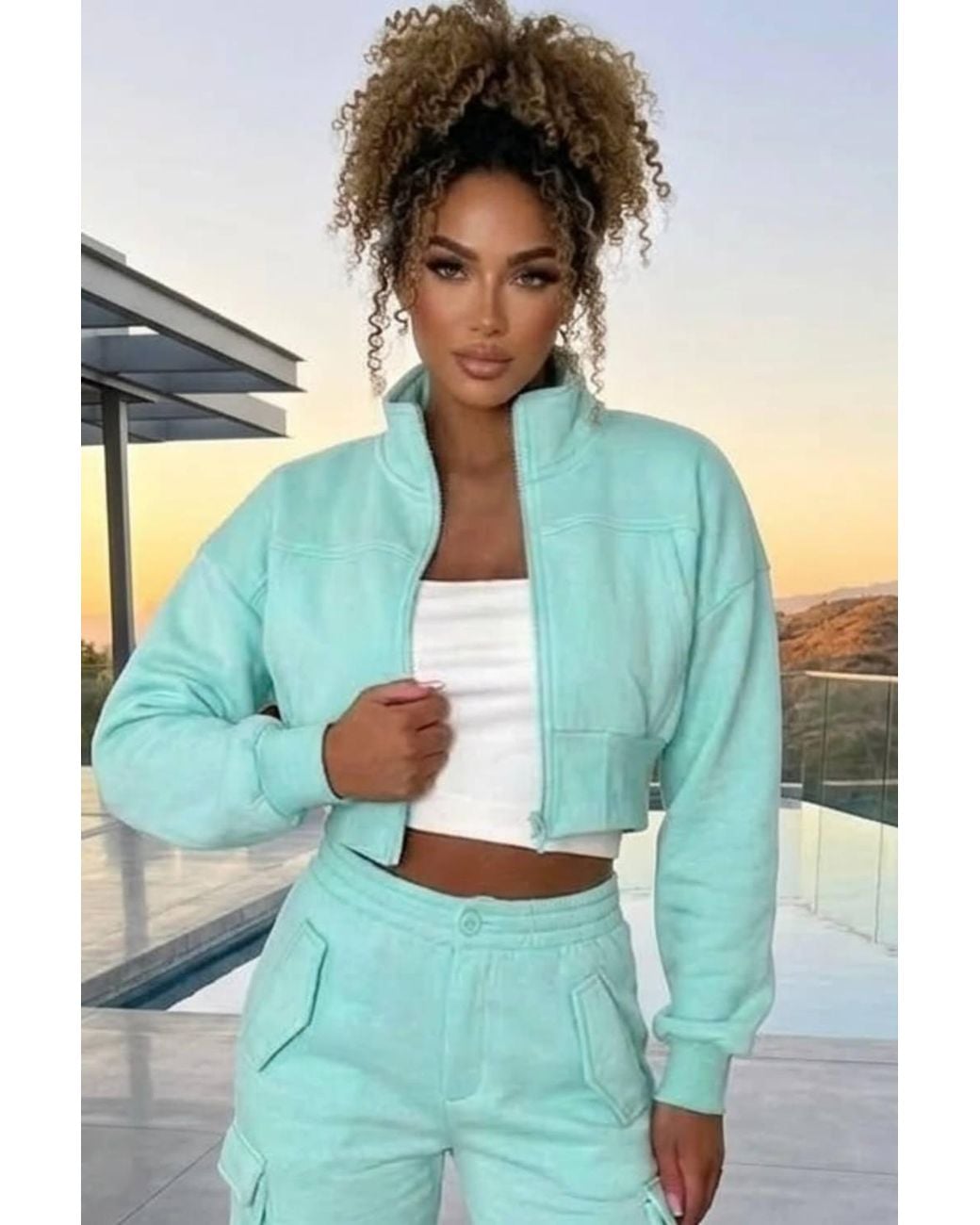 Stylewise Blue Cropped Zip Sweatshirt & Cargo Trouser Tracksuit Co-Ord