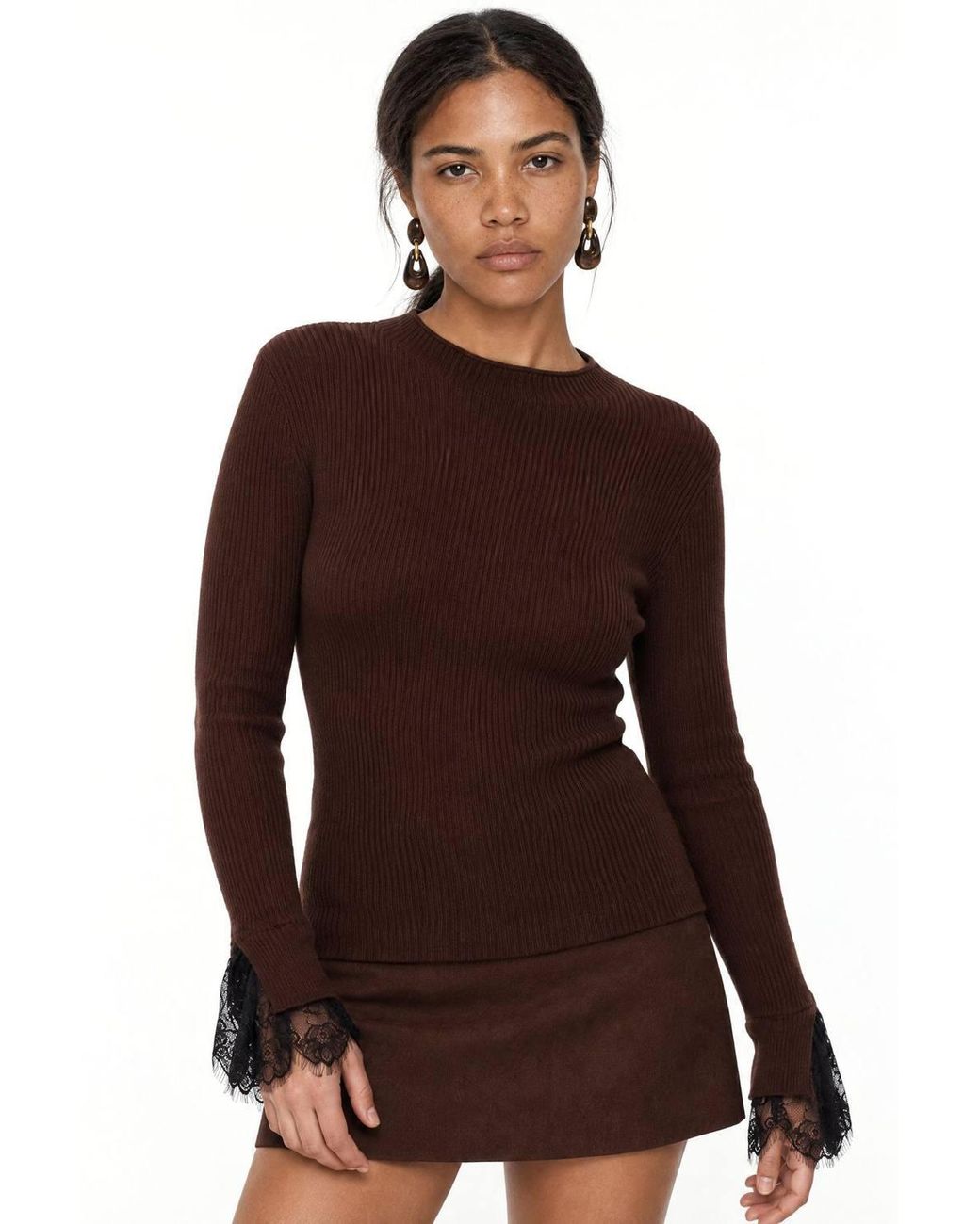 MixRay Brown Slim Fit Ribbed Knit Sweater With Crew Neck