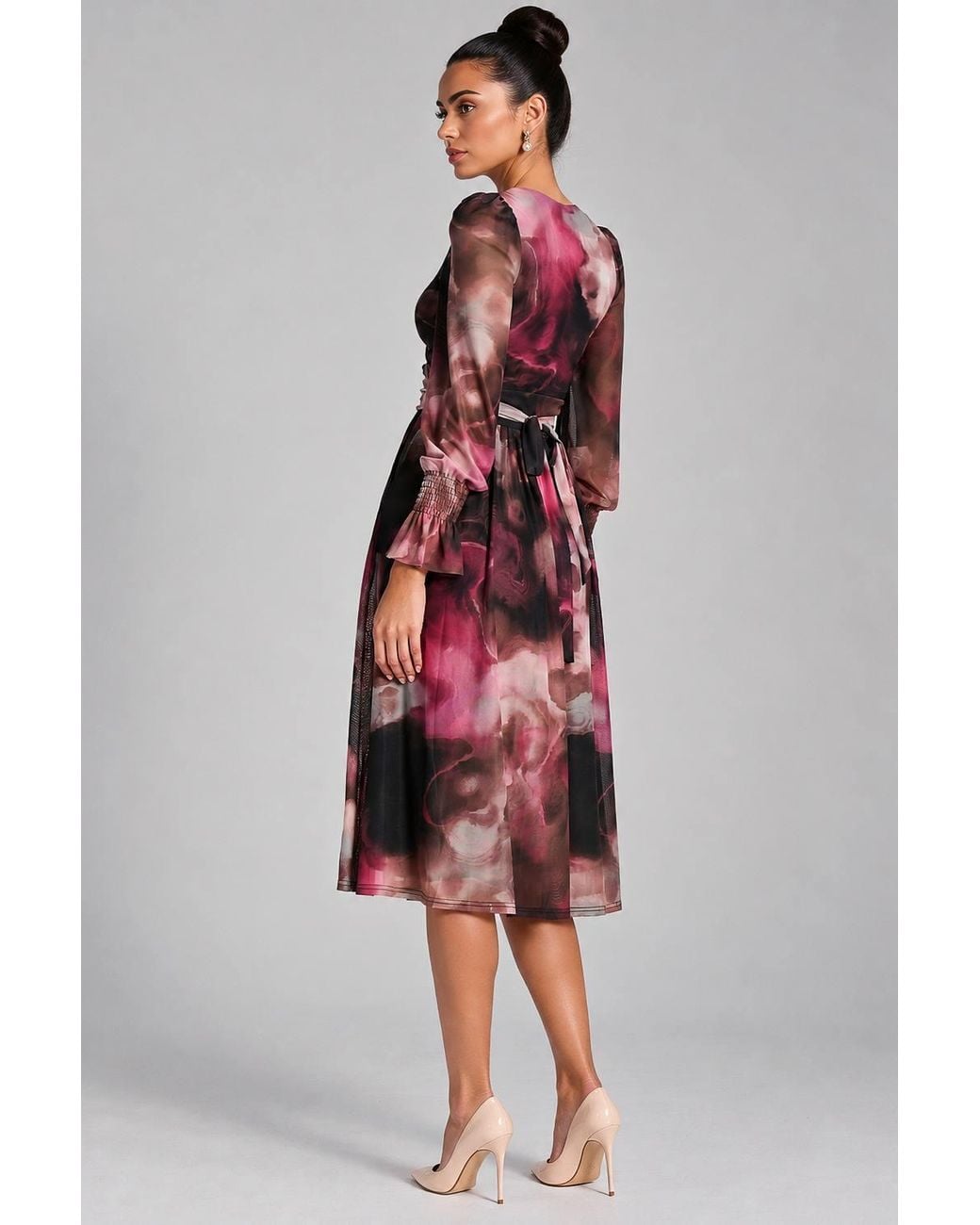 Jolie Moi Red Long Sleeve Printed Mesh Midi Dress