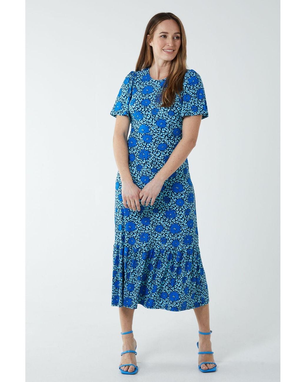 Blue Vanilla Blue Crew Neck Midi Angel Sleeve Tie Back Dress