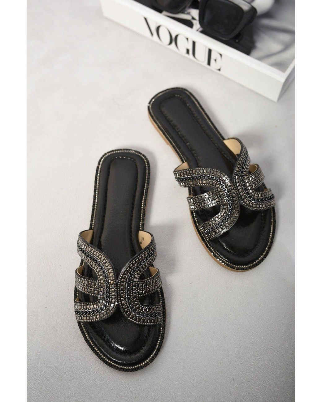 IKRUSH Black Fatima Embellished Open Toe Flat Sandals With Faux Leather Upper
