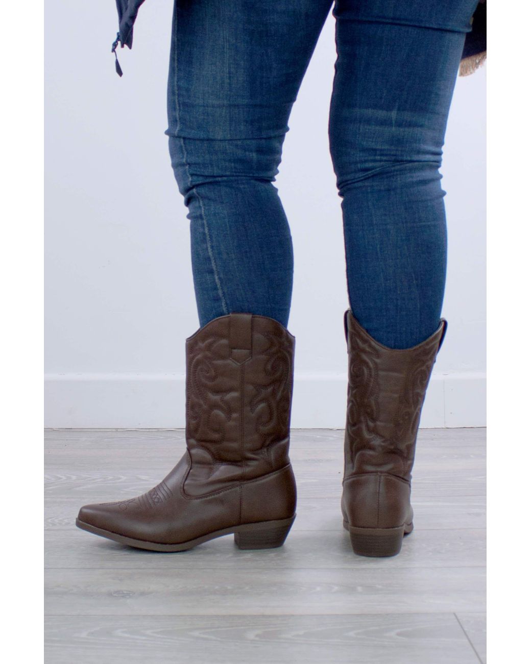 AJVANI Blue Low Cuban Heel Cowboy Western Calf Boots
