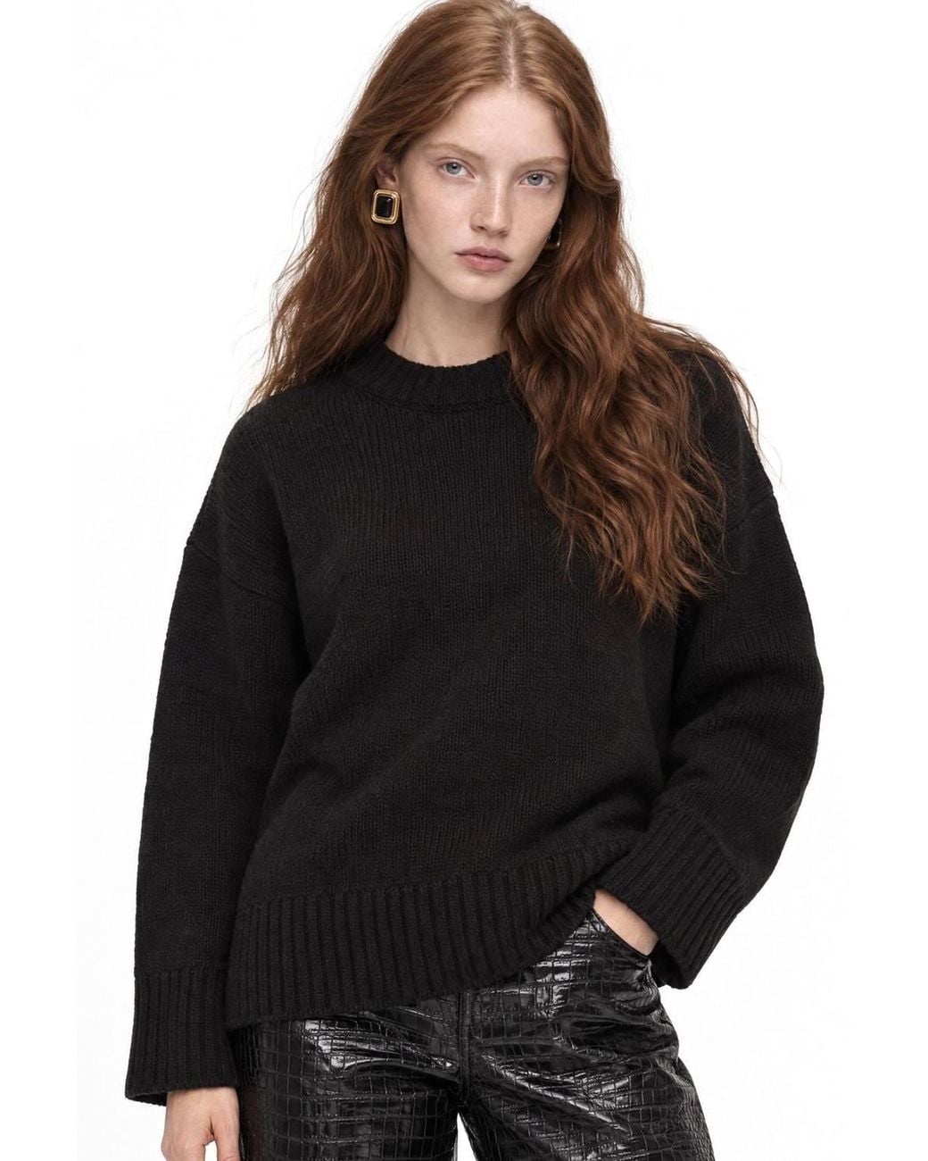 MixRay Black Oversized Ribbed Knit Sweater With Crew Neck