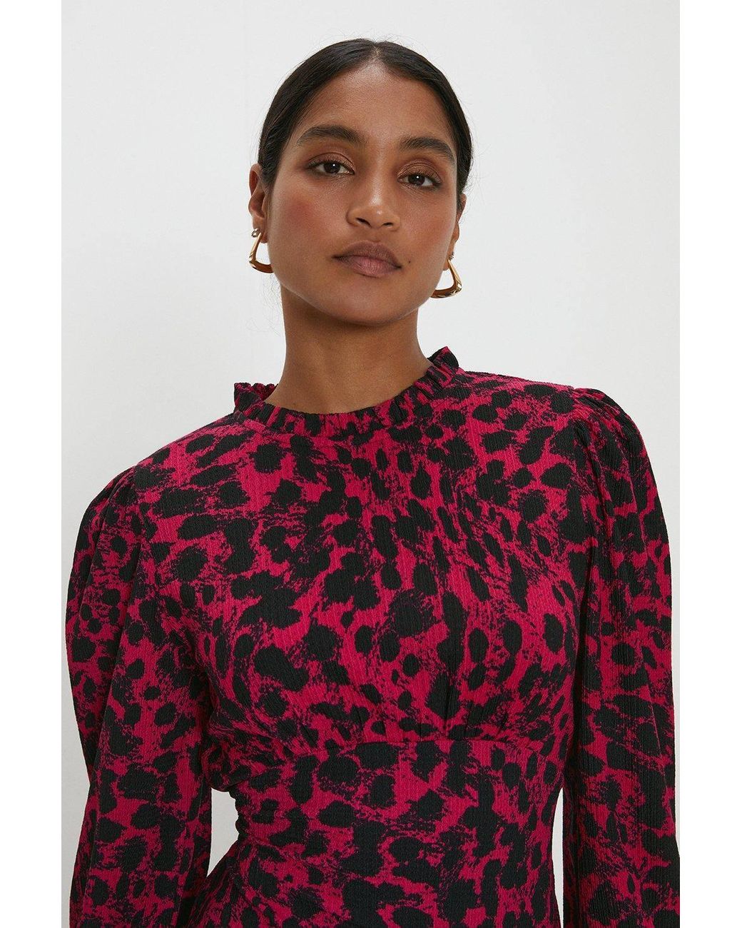 Dorothy Perkins Red Leopard Frill Neck Midi Dress