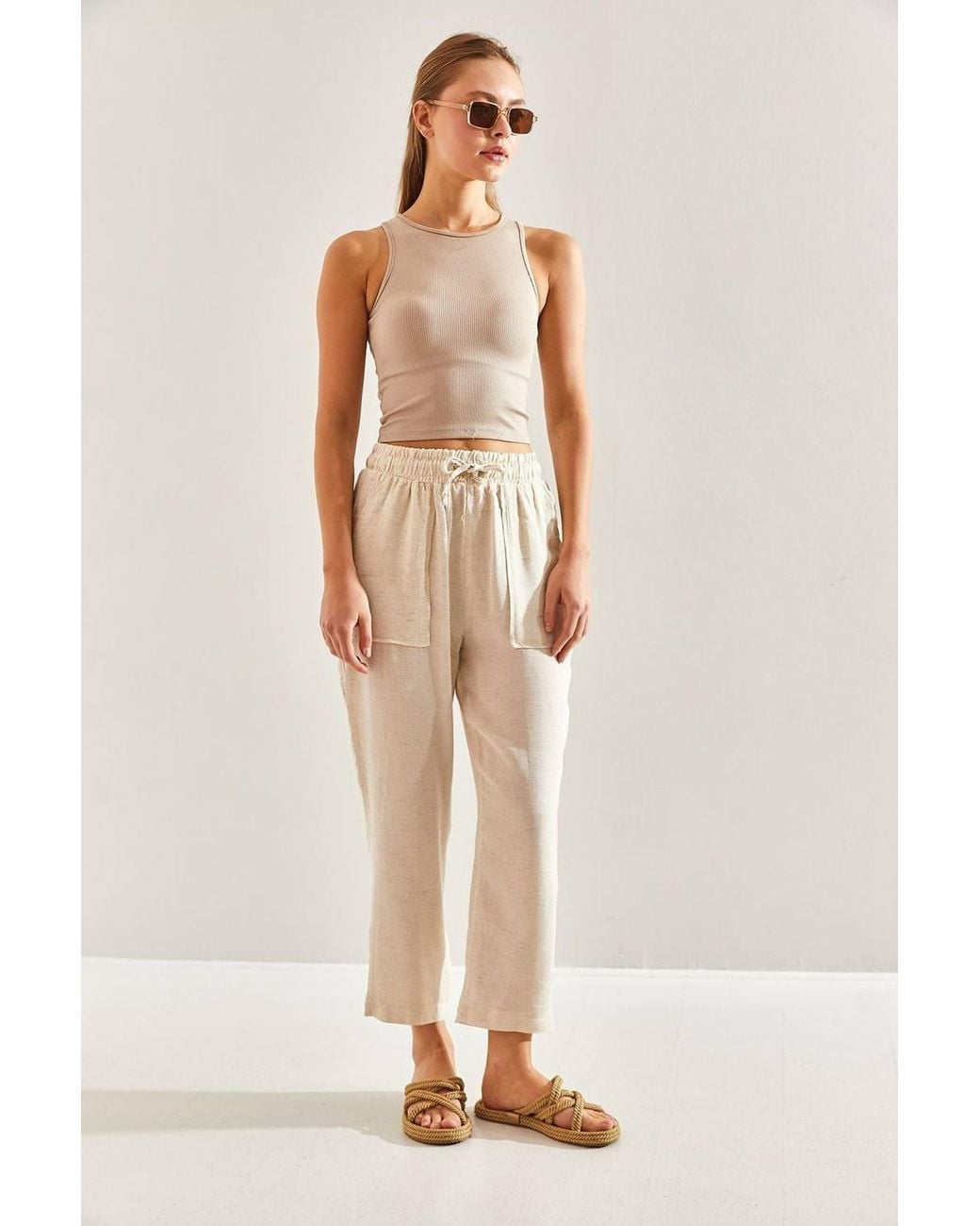 Bianco Lucci Natural Relaxed Fit Cotton Poplin Pants With Pocket