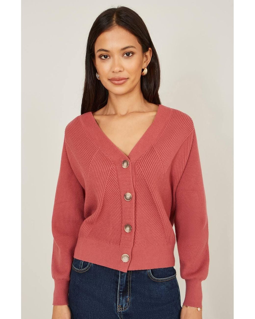 Yumi' Red Rose Relaxed Fit Cardigan With Stitch Detail