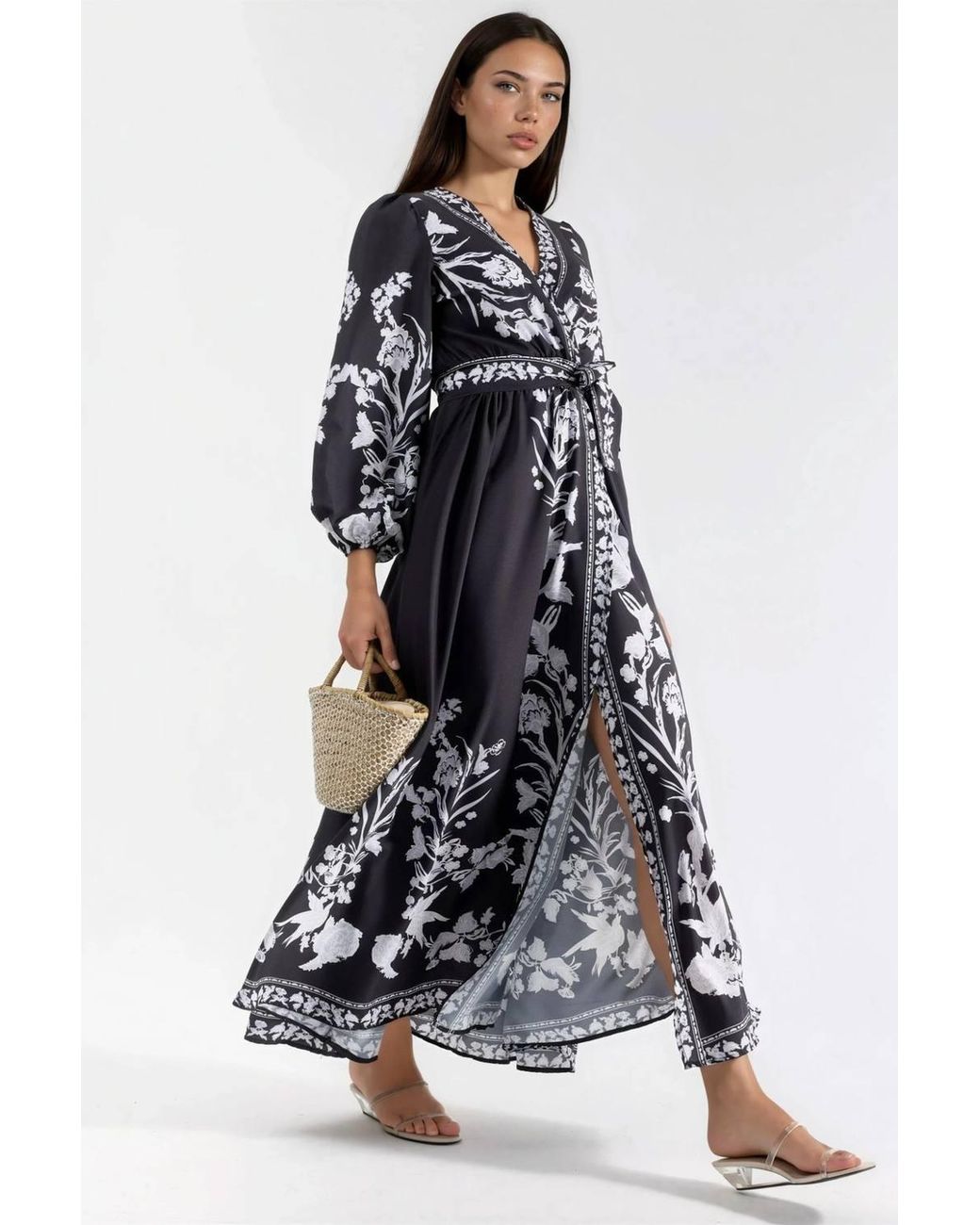 Msn-Collection Blue Floral Maxi Dress With V-Neck & Tie Detail