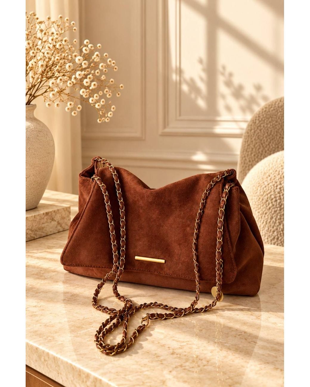 Lovii Brown Vintage-Inspired Suede Shoulder Bag With-Tone Chain