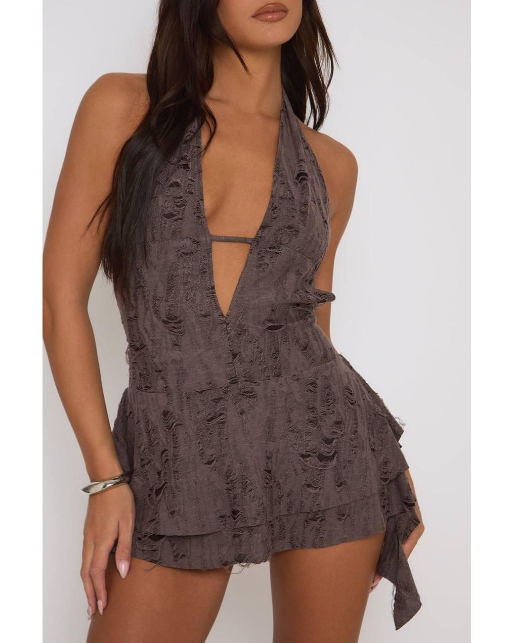 Rebellious Fashion Brown Distressed Plunge Mini Dress