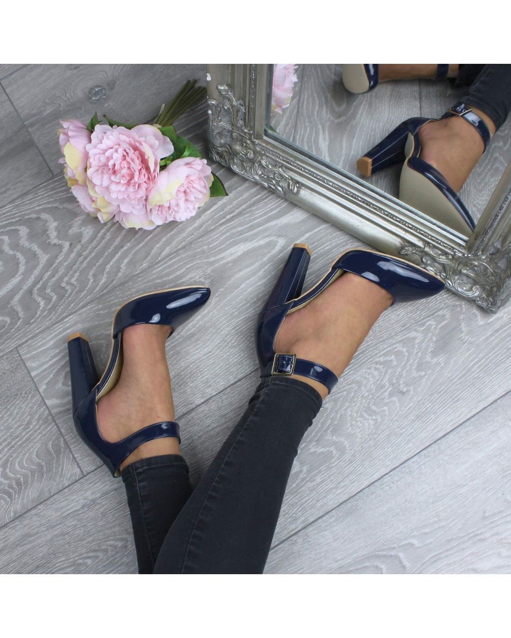 AJVANI Blue High Heel Ankle Strap Pointed Toe Patent Court Shoes