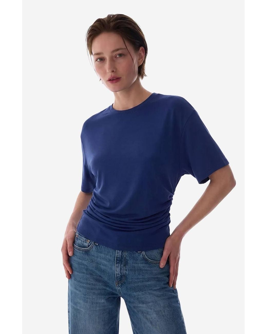 Penti Blue Modal Waist Detail Textured T-Shirt With Gathers