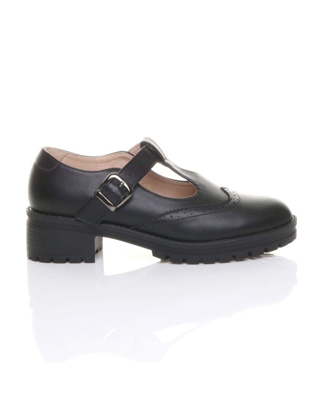 AJVANI Black Mid Heel Chunky Brogues Buckled T-Bar Mary Janes