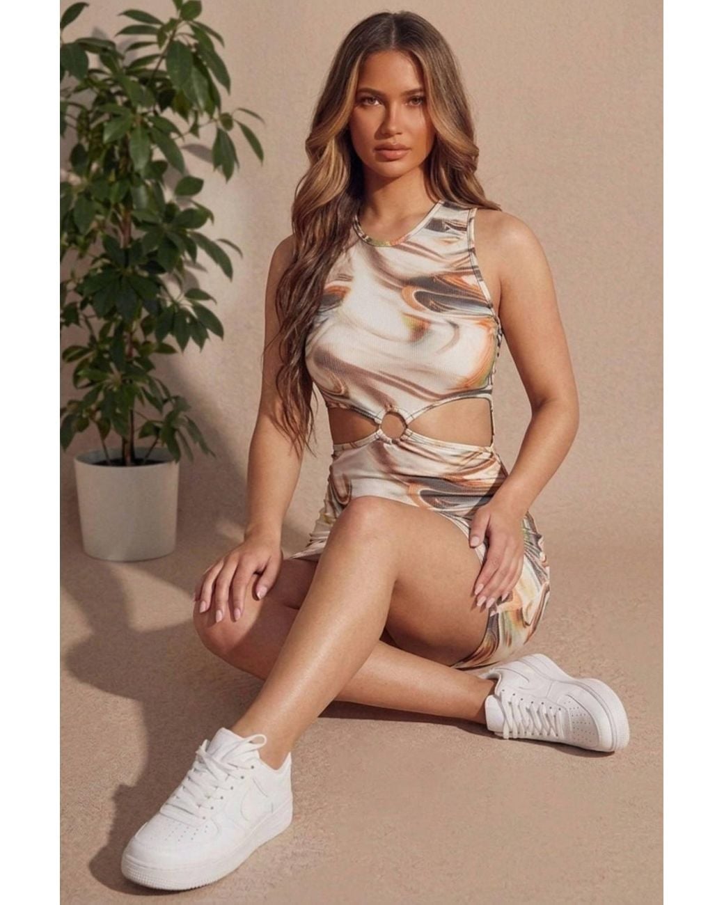 Femme Luxe Brown Marble Print Cut Out Detail Mini Dress