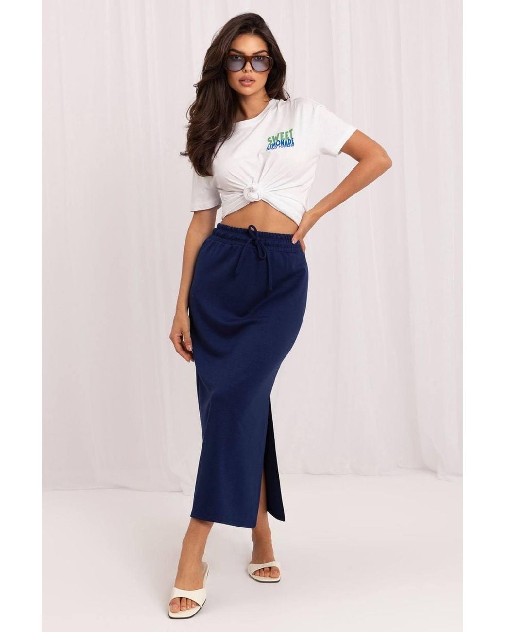 Love Lace Blue Everyday Viscose Knitted Skirt With Side Slit
