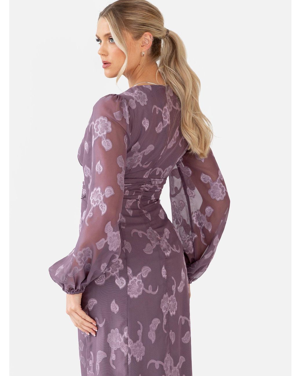 Maya Deluxe Purple Floral Jacquard Long Sleeve Maxi Dress