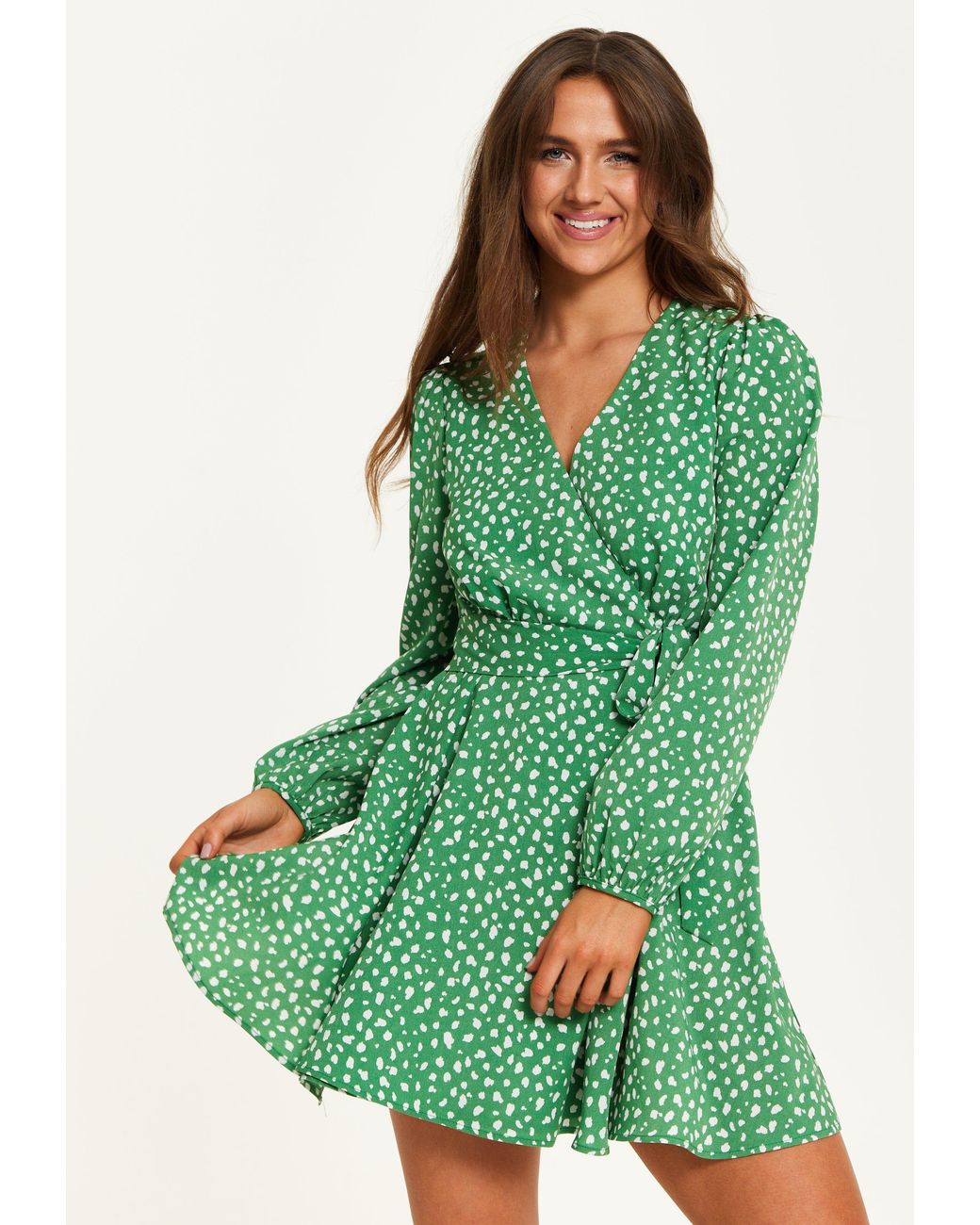 Liquorish Green Animal Print Mini Wrap Dress With Long Sleeves