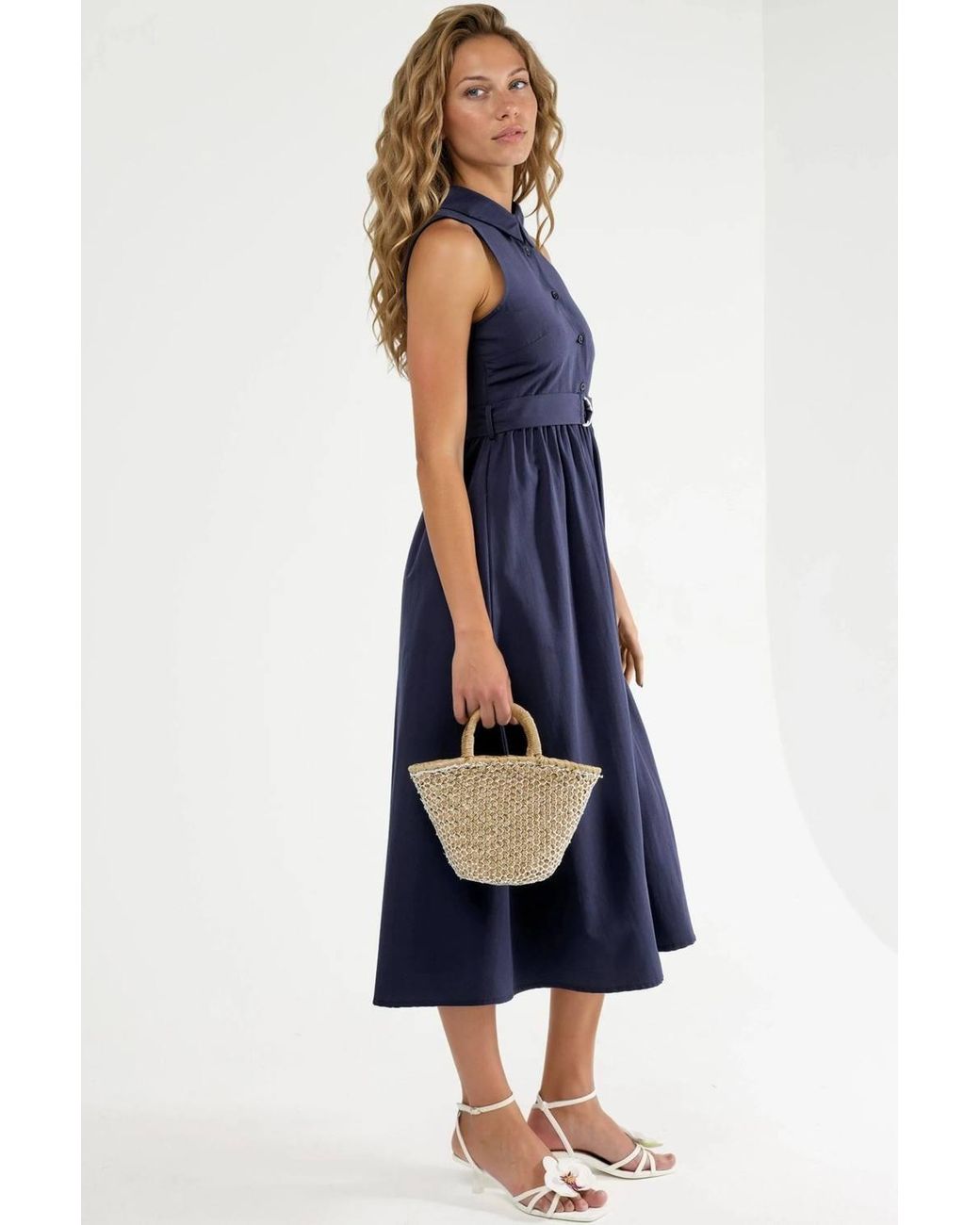 Busem Blue Belted Shirt Collar Midi Dress
