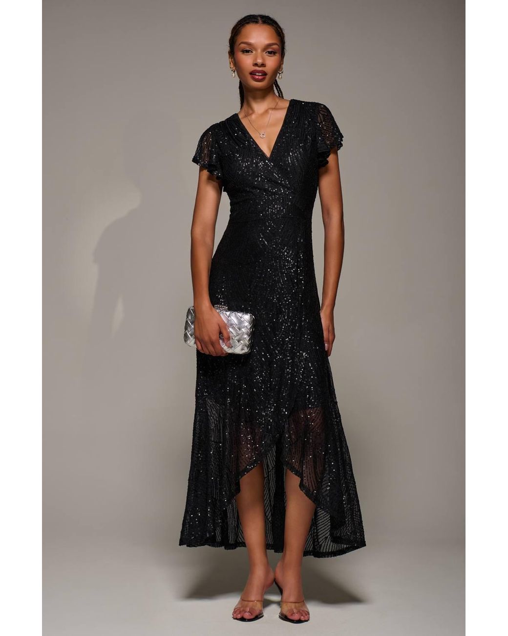 Jolie Moi Black Frill Short Sleeve Sequin Maxi Dress