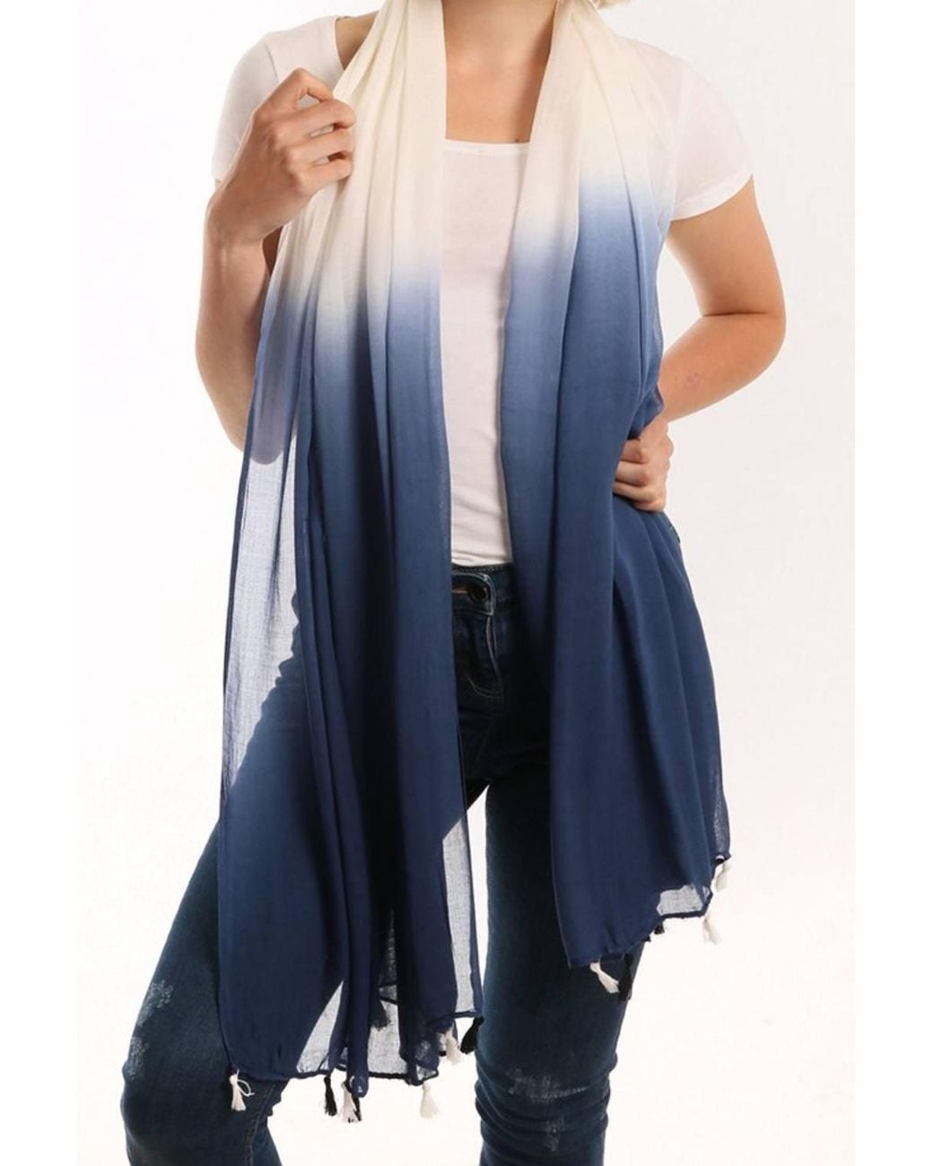 SARTA Blue Tie Dye Tasselled Lightweight Scarf