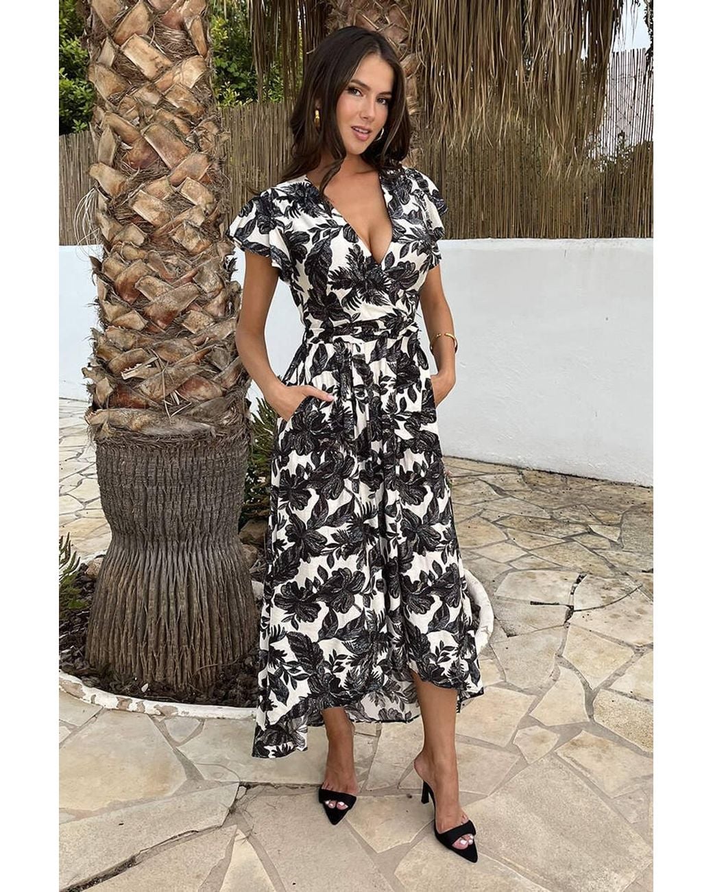 AX Paris Black Leaf Print Belted Wrap Midi Dress