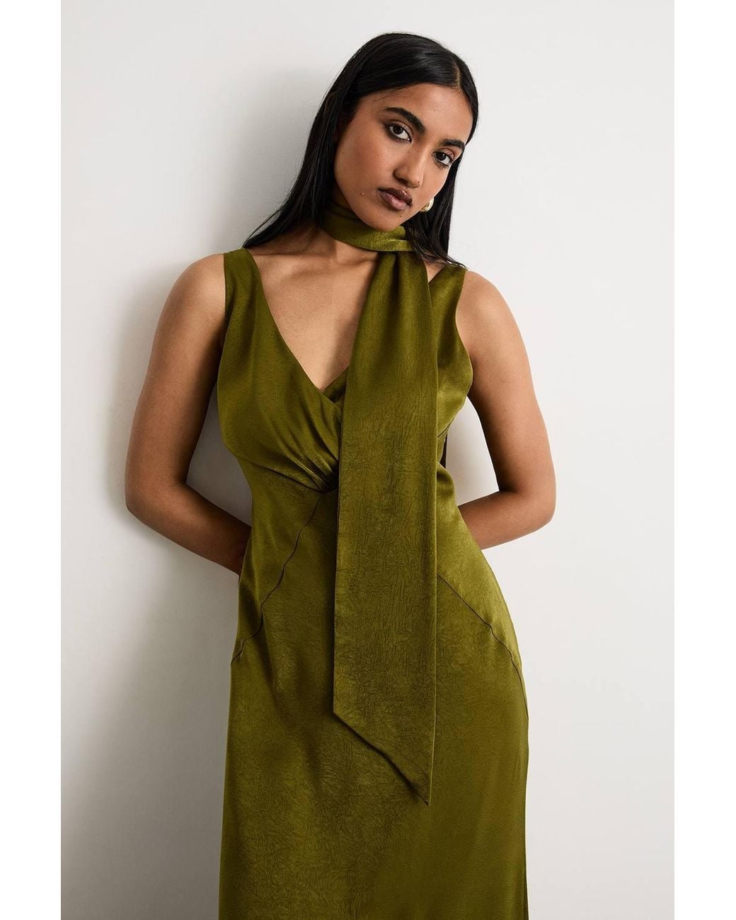 Warehouse Green Plain Scarf Detail Tie Neck Maxi Dress