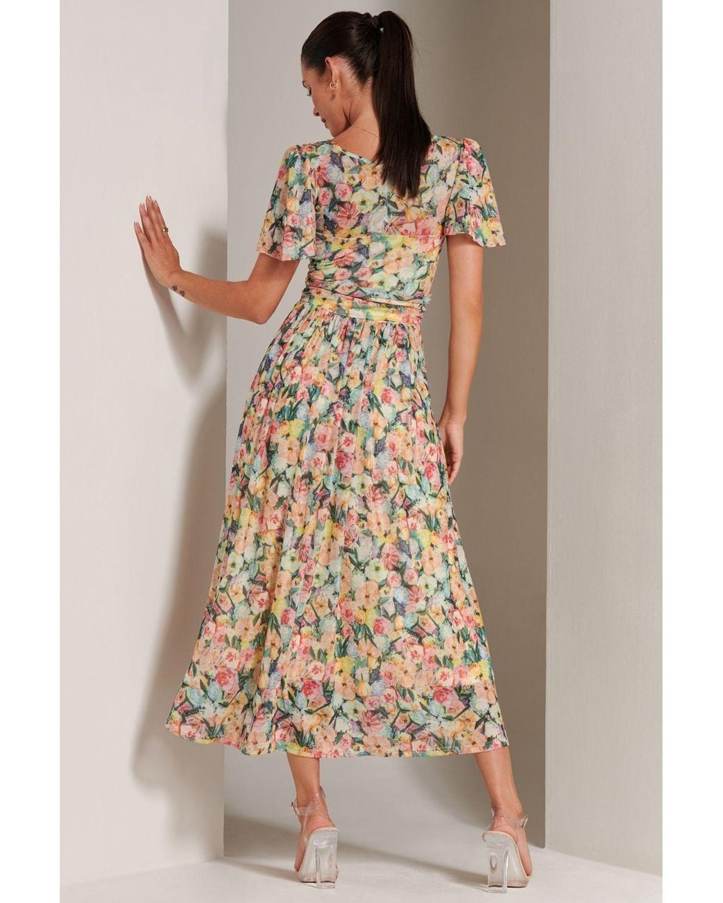 Jolie Moi Natural Bianca V-Neck Pleated Mesh Maxi Dress