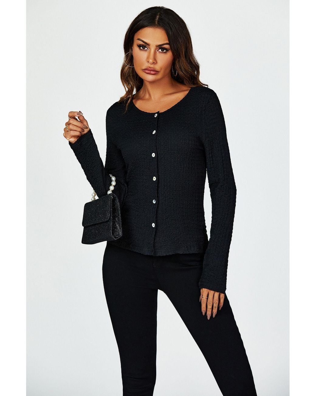 FS Collection Black Button Down Ruched Stretch Long Sleeves Top