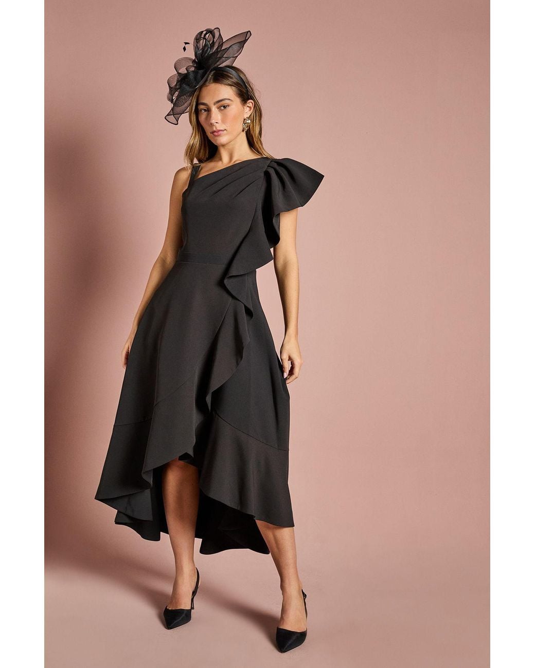 Coast Black One Shoulder Crepe Ruffle Midi Dress