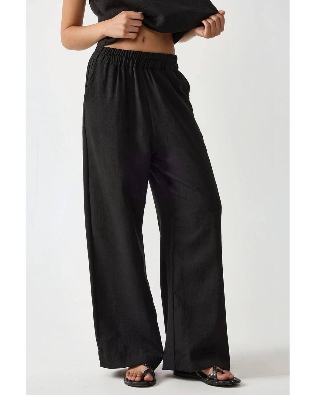 Hiccup Black Linen Feel Blouse & Elastic Waist Pants Two-Piece Coord Set