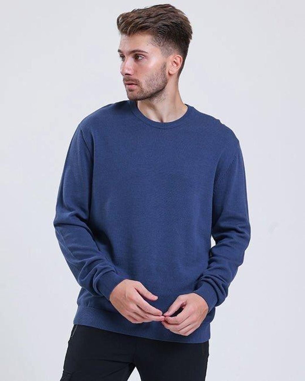 Alse Studio Blue Premium Quality 100% Cotton Crew Neck Long Sleeve Jumper for men