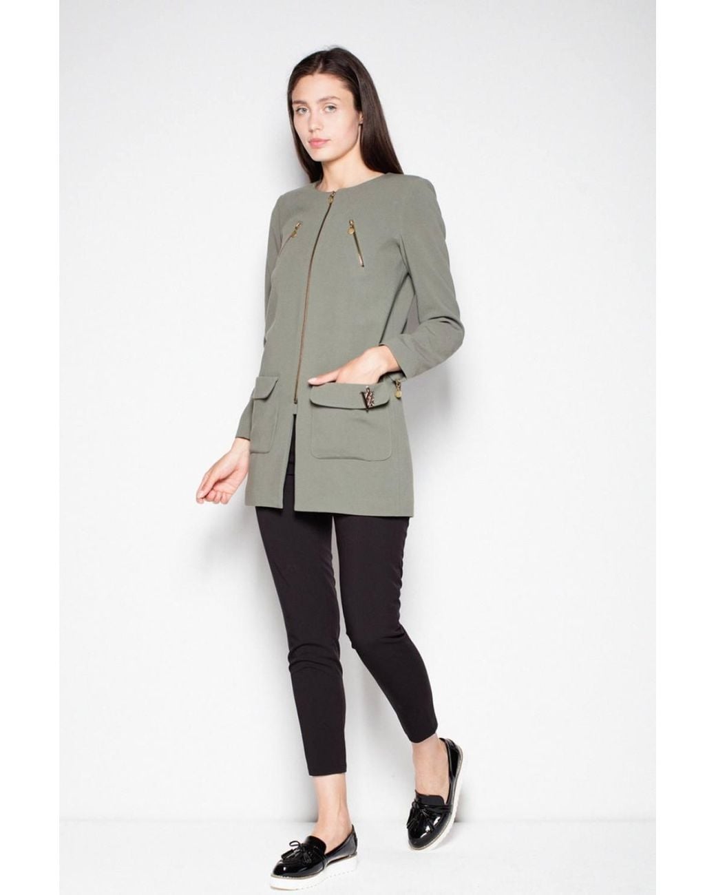 Love Lace Gray Straight Zip Coat With Slit Pockets