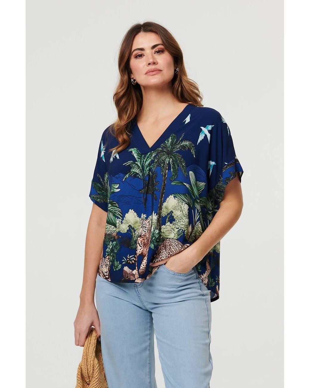 Izabel London Blue Tropical Print Short Sleeve Relaxed Top