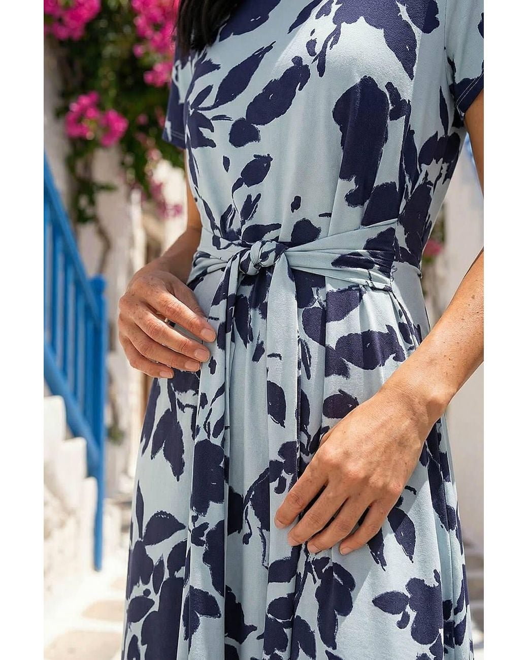 Roman Blue Petite Floral Tie Front Stretch Midi Dress