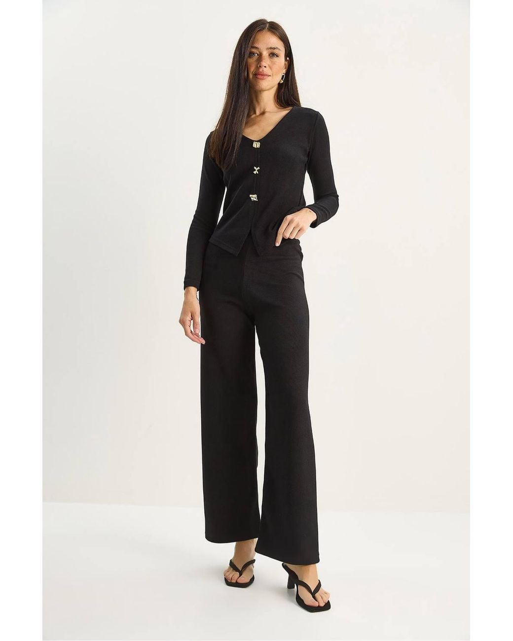 Bianco Lucci Black V-Neck Knitted Wide Leg Two-Piece Set
