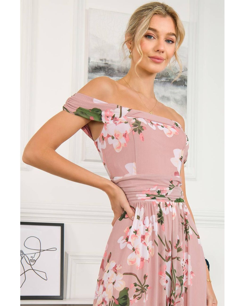 Jolie Moi Pink Rawiya Bardot Neck Mesh Dress