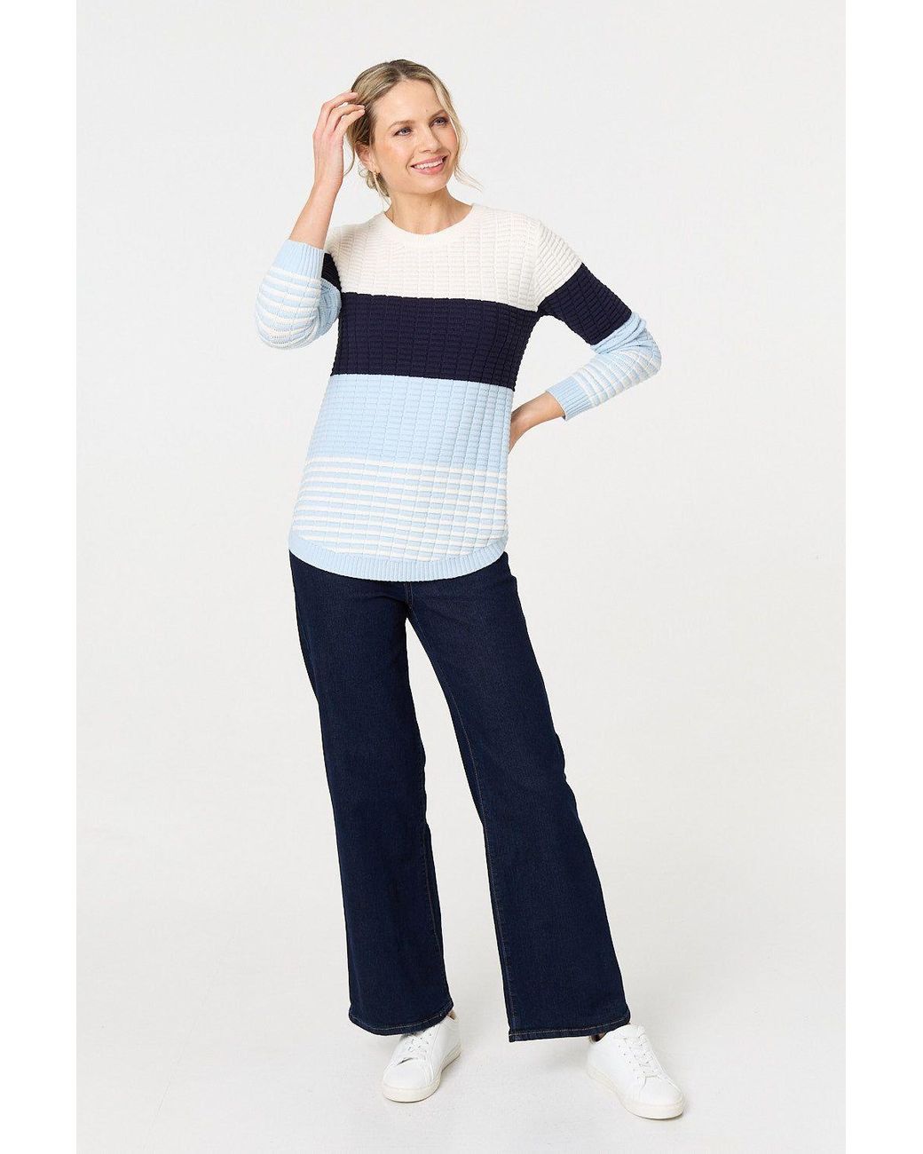 Izabel London Blue Colour Block Textured Curve Hem Jumper