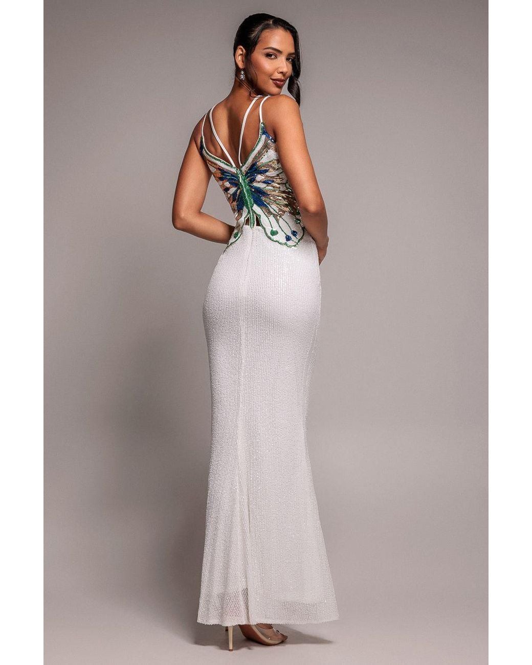 Goddiva White Sequin Butterfly Front Split Maxi Dress