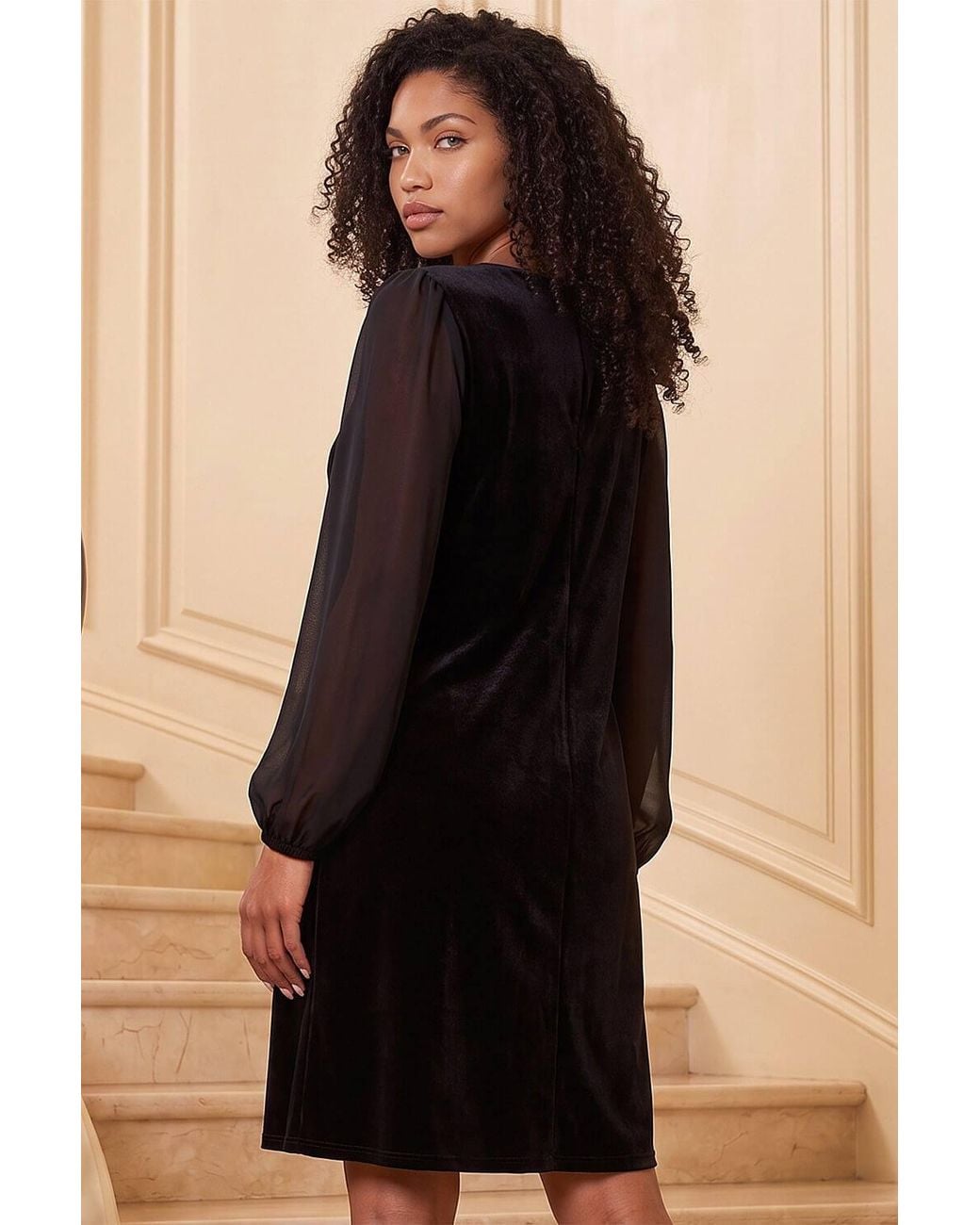 Roman Black Petite Contrast Sleeve Velvet Dress